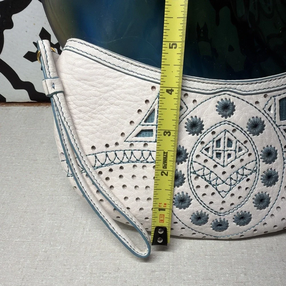 Cole Haan Kayla Cream Leather Wristlet Pouch Boho Perforated Embroidered Y2K
